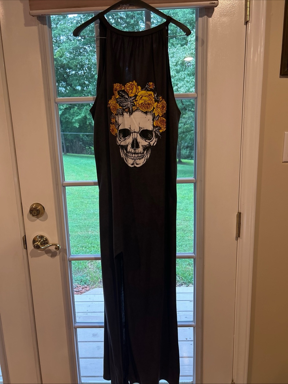 Misslook day-of-the-dead skull w/ yellow flowers maxi dress gray sz M